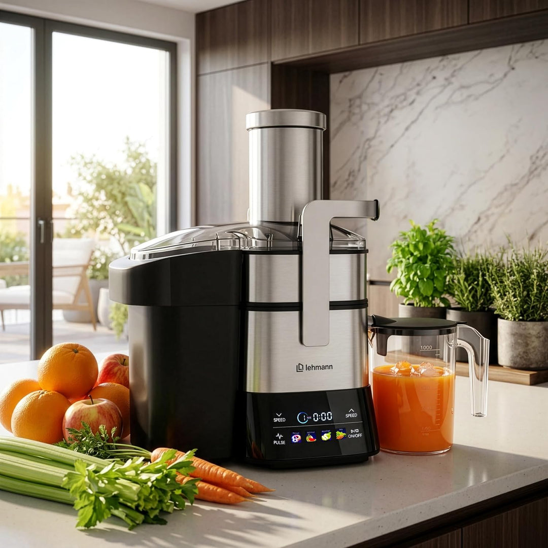 LEHMANN Entsafter für Obst und Gemüse, Edelstahl, XXL Einfüllschacht 80 mm, LED-Touchscreen, 6 Gesch