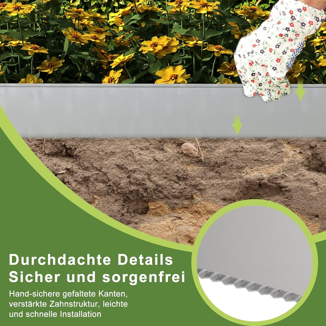 XMTECH Rasenkante Metall 10m Beeteinfassung verzinkt Gartenkante Silber | Flexible Metall Rasenkante