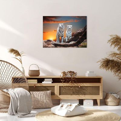 Bilder auf Leinwand Tiger weiss Rock Sonnenuntergang Leinwandbild 70x50cm Wandbilder Dekoration Wohn