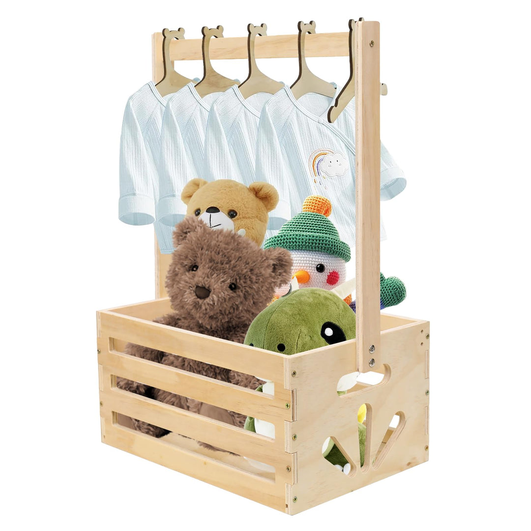 Babyparty Geschenk mit Griff, Baby Aufbewahrungskorb mit 5 Kinder Kleiderbügel, Holz Baby Geschenk K