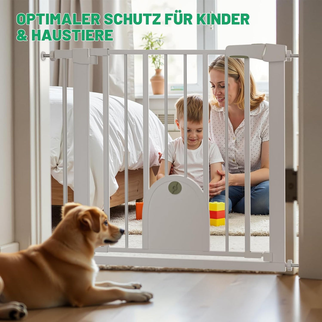 Weisses Treppenschutzgitter mit Katzentür (27x22.6cm), verstellbar 75–110cm, Haustier und Kinderschu