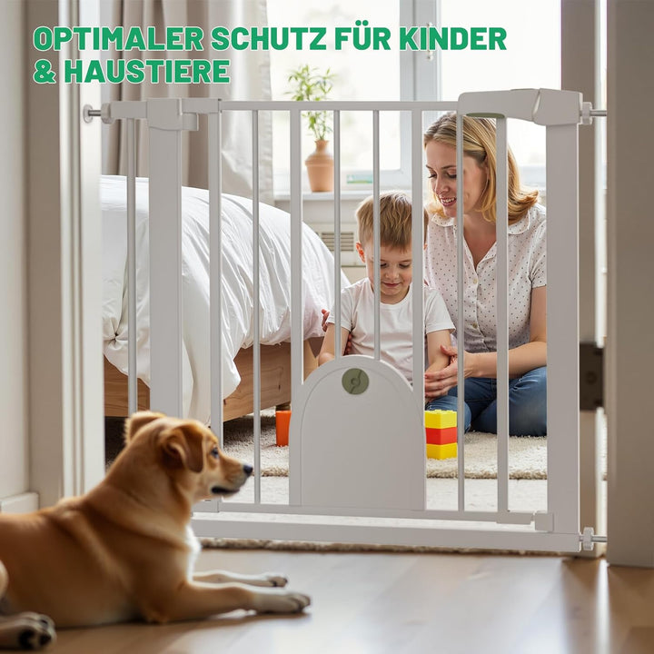 Weisses Treppenschutzgitter mit Katzentür (27x22.6cm), verstellbar 75–110cm, Haustier und Kinderschu