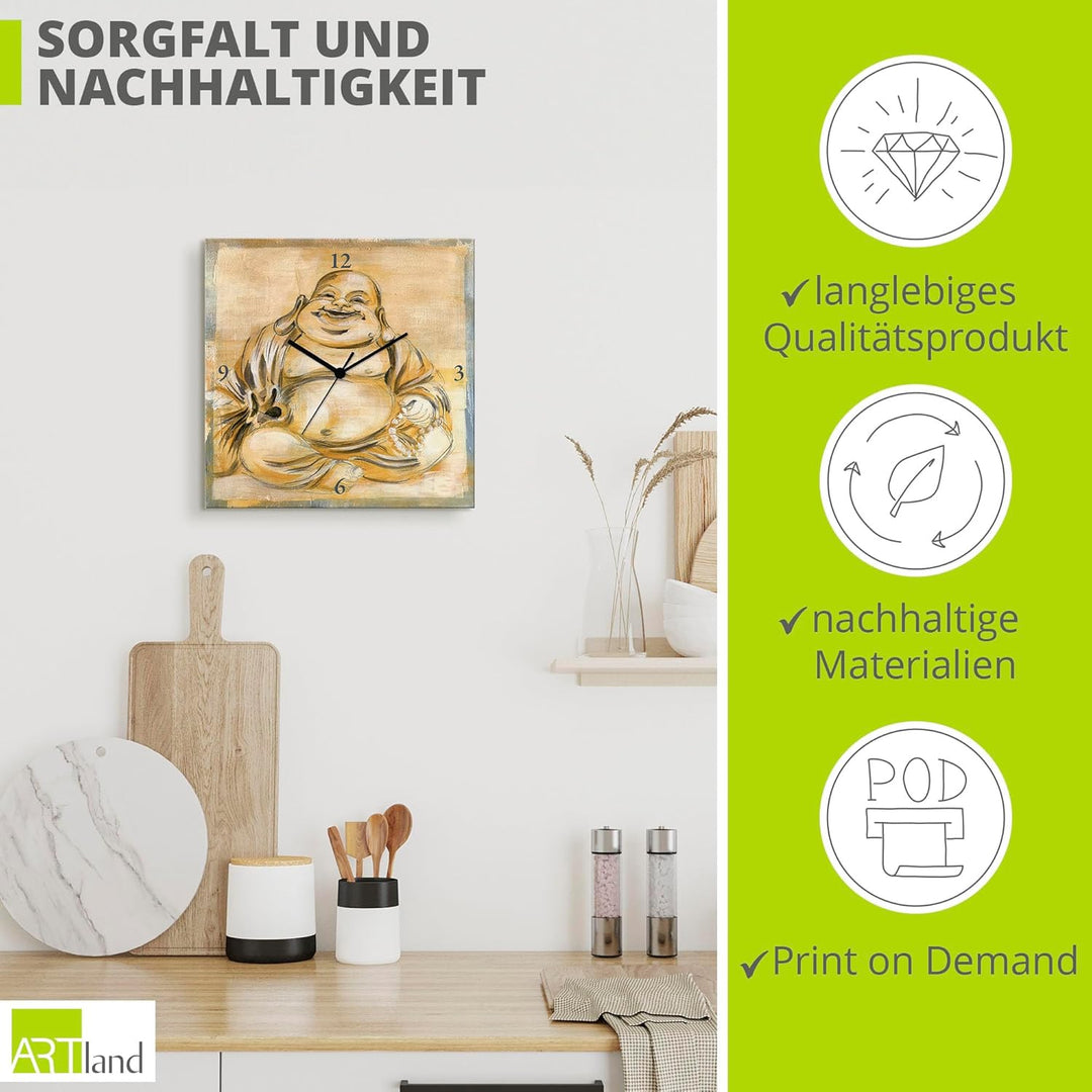 ARTLAND Wanduhr ohne Tickgeräusche Leinwand Quarzuhr 30x30 cm Quadratisch Lautlos Buddha Asien Buddh