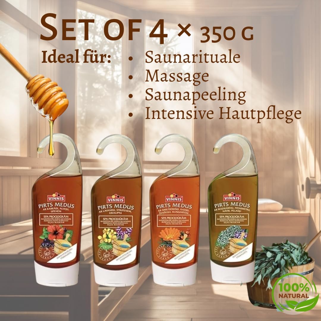 Sauna Honig Sortenmix – 4er Set (Lavendel, Hibiskus, Sanddorn, Rosmarin) – 100% natürlich – Honigcre