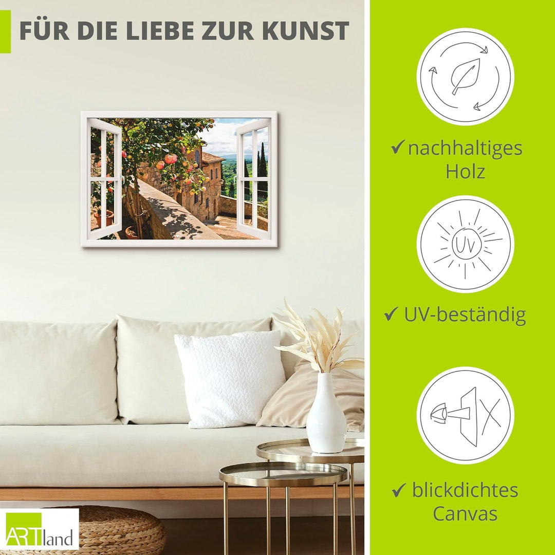 Artland Leinwandbild Wandbild Bild auf Leinwand 100x70 cm Wanddeko Fensterblick Fenster Toskana Land