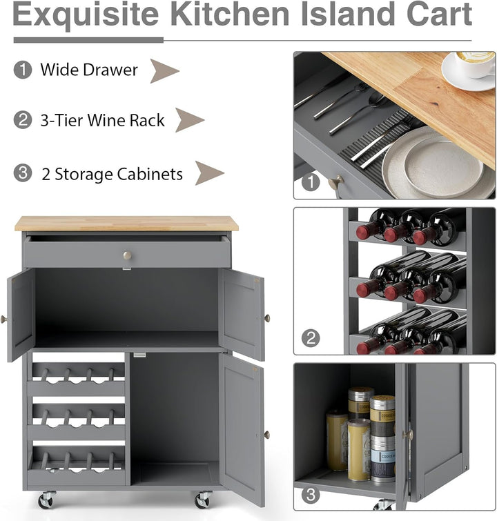 KOMFOTTEU Küchenwagen auf Rollen, Kücheninsel mit Weinregal & 2 Schränke & Schublade, Servierwagen a