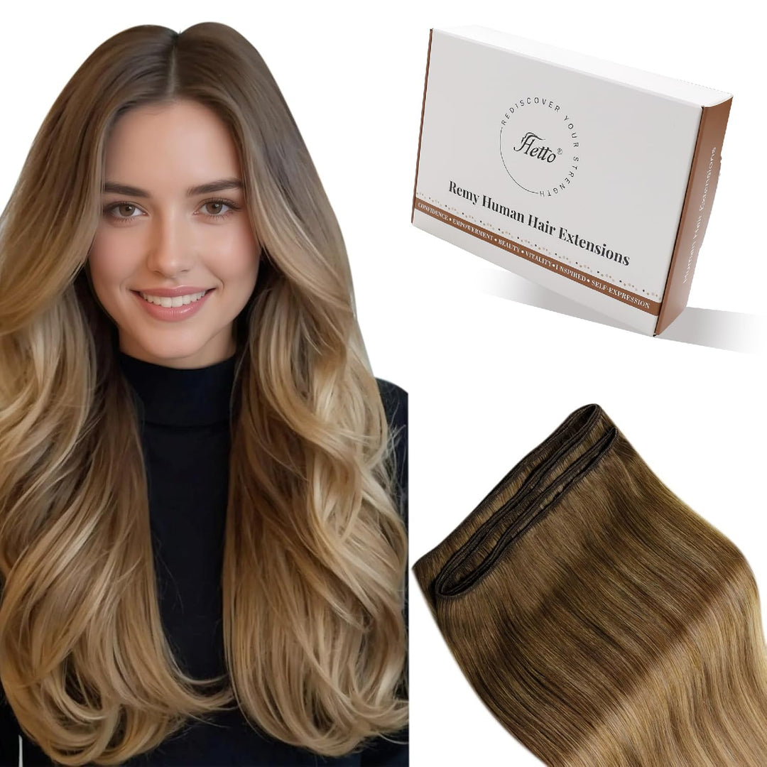 Hetto Balayage Echthaar Tressen Extensions Mittel Braun zu Hellbraun und Dunkelste BlondineTressen E