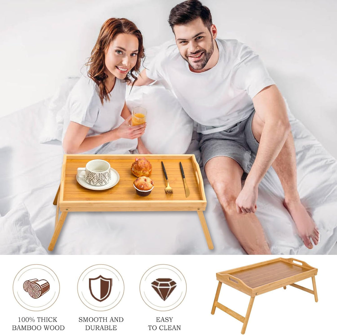 Betttisch Klappbar, Bambus Betttablett Serviertablett Frühstückstablett mit Beinen und Griffen, Tabl