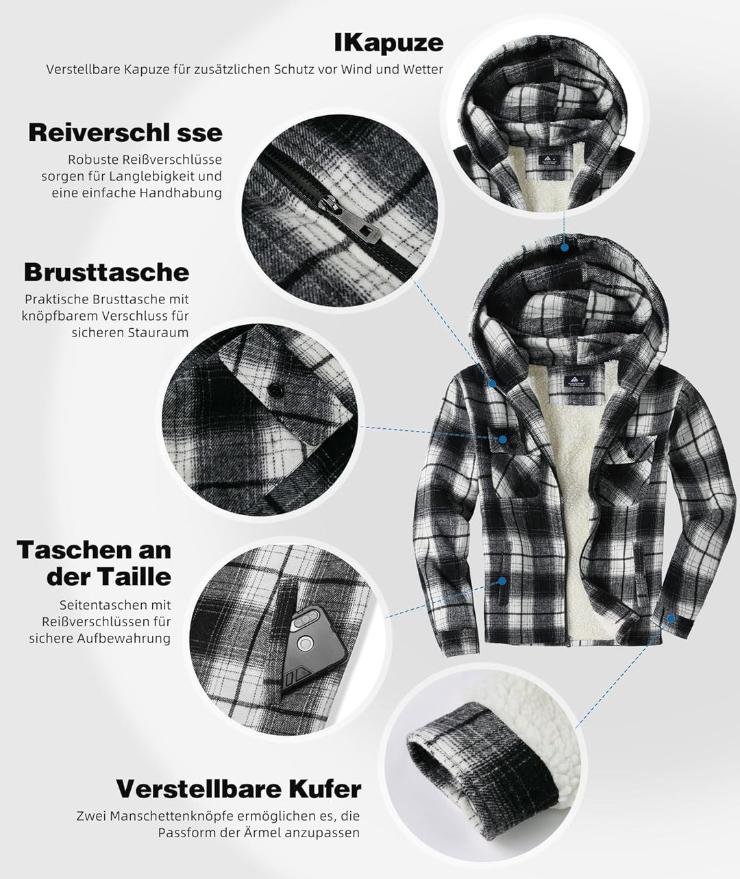 JACKETOWN Hemdjacke Herren Kariertes Winterjacke Thermohemd Fleece Gefüttert Freizeit Jacke mit Kapu