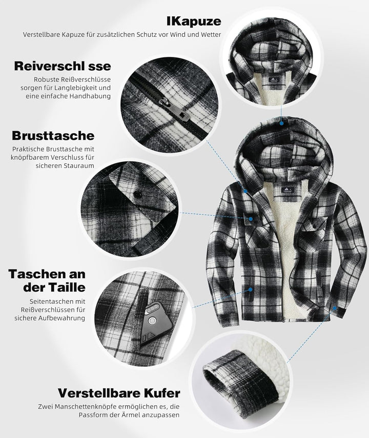 JACKETOWN Hemdjacke Herren Kariertes Winterjacke Thermohemd Fleece Gefüttert Freizeit Jacke mit Kapu