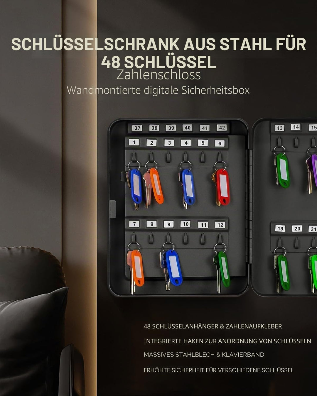 Uniclife Schlüsselschrank aus Stahl mit 48 Schlüsseln und Zahlenschloss, an der Wand befestigter Sch