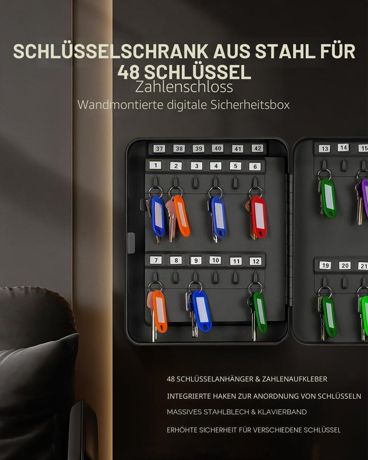 Uniclife Schlüsselschrank aus Stahl mit 48 Schlüsseln und Zahlenschloss, an der Wand befestigter Sch