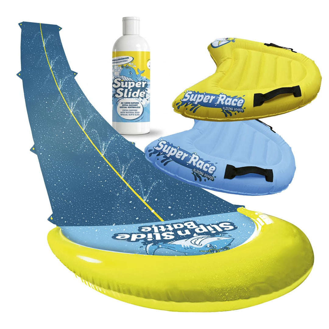 Slipn'Slide® 10 Meter XXL Pack | 1 Doppelspur Wasserrutschmatte 10 Meter + 2 Bodyboards + 1 Extra-Ru