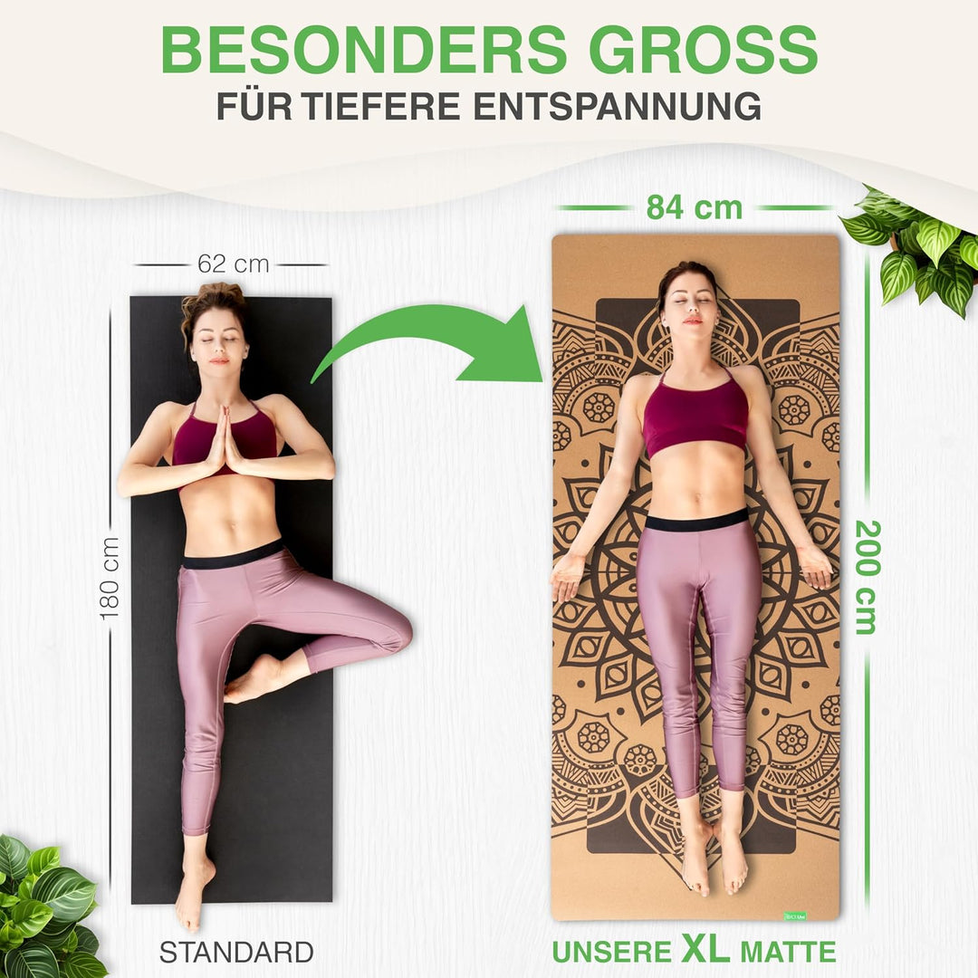 BACKLAXX ® Yogamatte Kork XXL [50% mehr Fläche] mit Naturkautschuk | Yoga-Matte rutschfest | nachhal