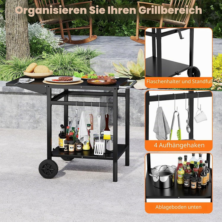 GOPLUS Küchenwagen mit 2 Rollen, Servierwagen aus Metall, mit klappbarer Tischplatte &amp; Haken &amp; Griff