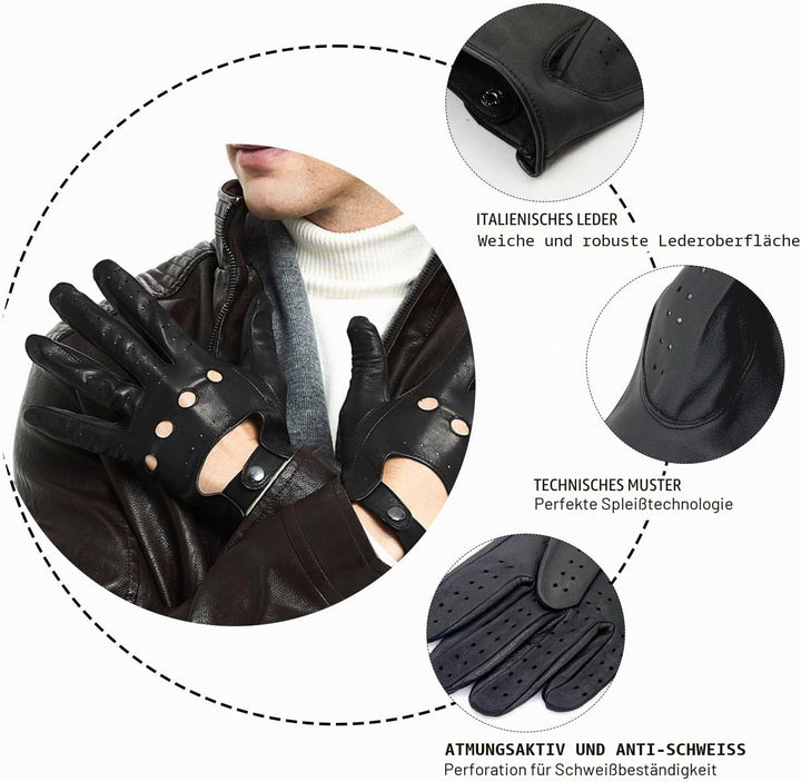 ZLUXURQ Herren Fahrerhandschuhe aus 100% Leder,Unliniert Lederhandschuhe Large(22.9-24.1cm) Schwarz-