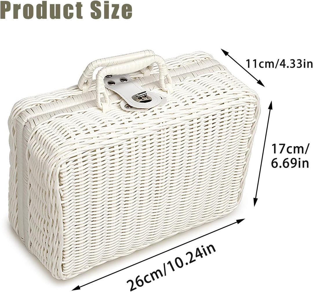 Geflochtener Rattan-Koffer Aufbewahrungskorb mit Griff, Gewebte Picknickbox, Handgewebt, mit Metalls