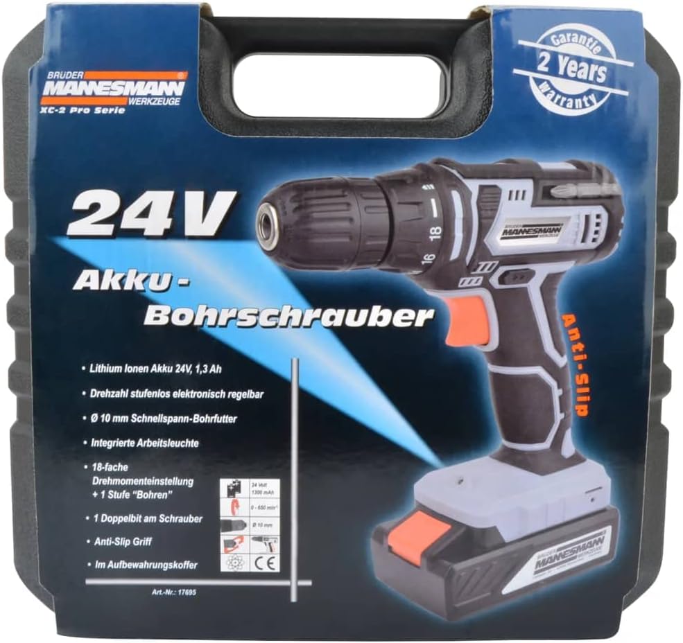 Brüder Mannesmann Akkubohrschrauber 24 V Li-Ion, 10 mm Schnellspannbohrfutter, LED-Licht, Set für He
