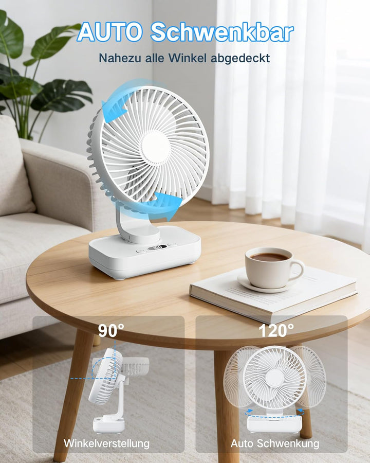 Tischventilator Automatisch Oszillierend, Leise 30 dB, Sanfter Luftstrom, 4500mAh Akku, USB-C, LED D