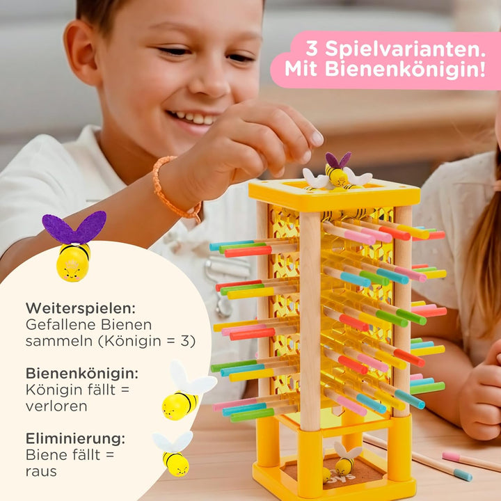 Nene Toys BEEFALL Bienen Geschicklichkeitsspiel für Kinder 3 4 5 6 Jahre – Holz-Turmspiel mit Würfel