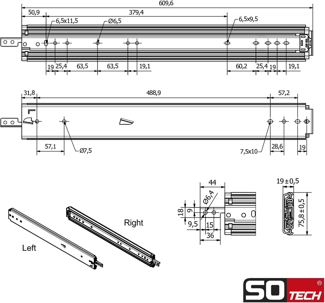 1 Paar SOTECH Schwerlastauszüge VarioSlide KV2-200-H76-L600-EH 609,6 mm mit Lock-in/out Einrastfunkt