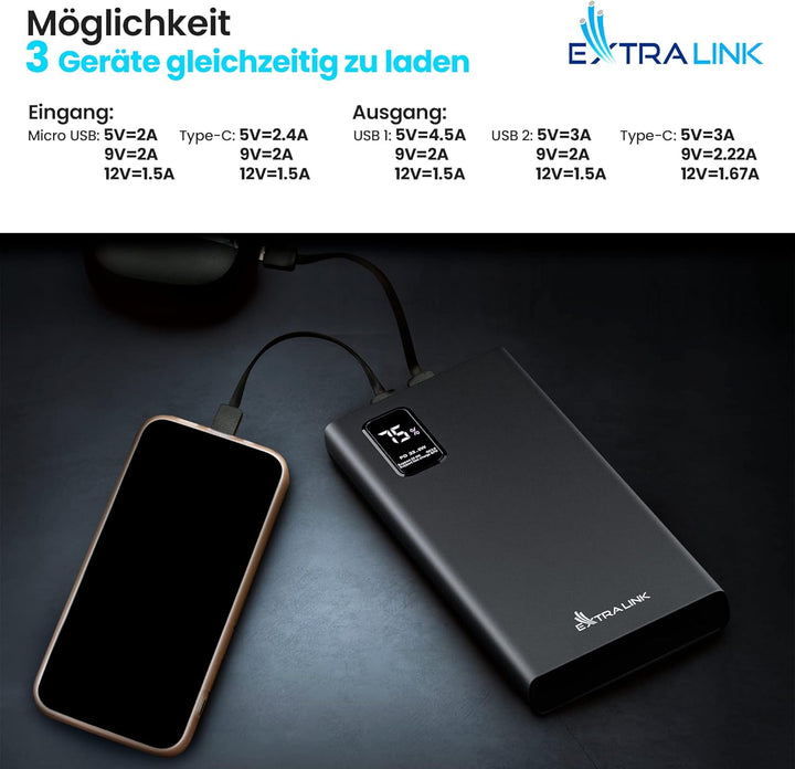 Powerbank 10000mAh Powerbank Schnellladefunktion bis zu 22,5W Power Bank USB C Robustes Gehäuse Lith