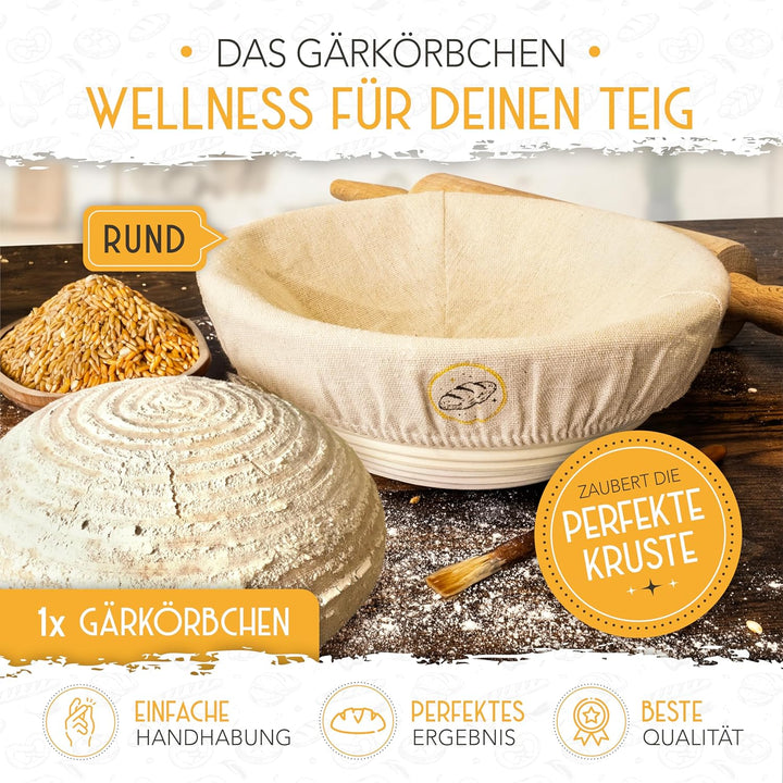 KRUSTENZAUBER Gärkorb zum Brotbacken rund 22cm - Rundes Gärkörbchen aus Rattan mit Gärtuch - Brot Ba