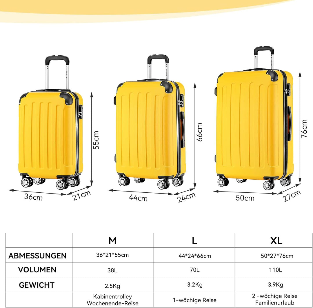 BEIBYE- Hartschalenkoffer Koffer Trolley Rollkoffer Reisekoffer Zahlenschloss 4 Zwilings-Rollen (Yel