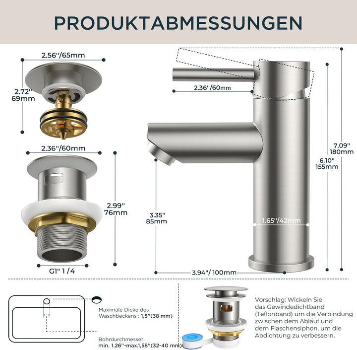 FORIOUS® Wasserhahn Bad mit Ablaufgarnitur, Edelstahl Waschbeckenarmatur mit Auslaufhöhe 85MM, Einhe