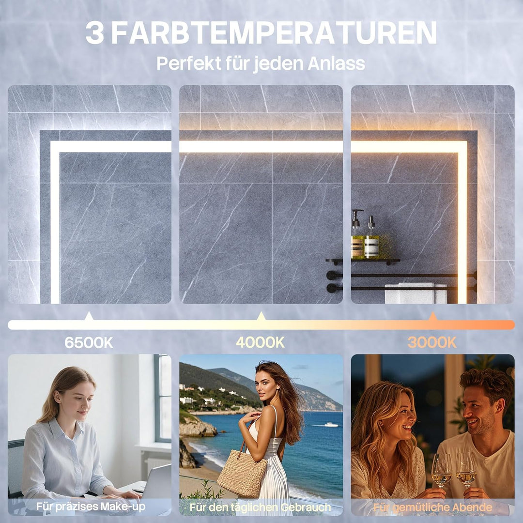 HySail Badspiegel mit Beleuchtung, 5mm Hochauflösender Silber-Spiegel, 3 Farbtemperaturen & Dimmbare