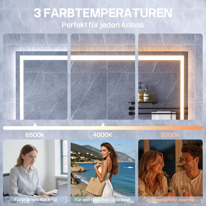 HySail Badspiegel mit Beleuchtung, 5mm Hochauflösender Silber-Spiegel, 3 Farbtemperaturen & Dimmbare