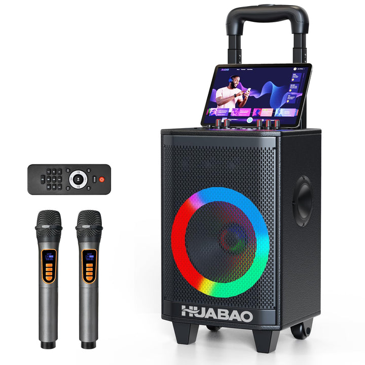 Tragbare Karaoke-Maschine mit 2 drahtlosen Mikrofonen, Bluetooth-Lautsprecher mit Beleuchtung und Tr