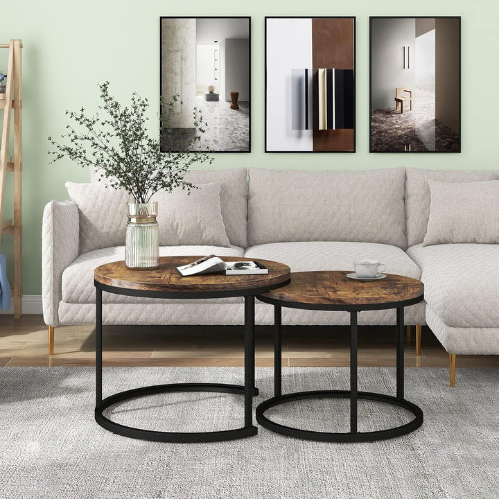 Merax Rund Couchtisch Set, 2-in-1 Nesting Couchtisch Satztisch, Metallgestell, für Wohnzimmer, Balko