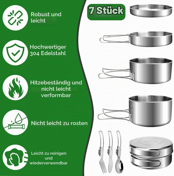 7 St¨¹ck Edelstahl Camping Kochgeschirr Set, Outdoor Kochgeschirr mit Faltbare Besteck, 1-2 Personen