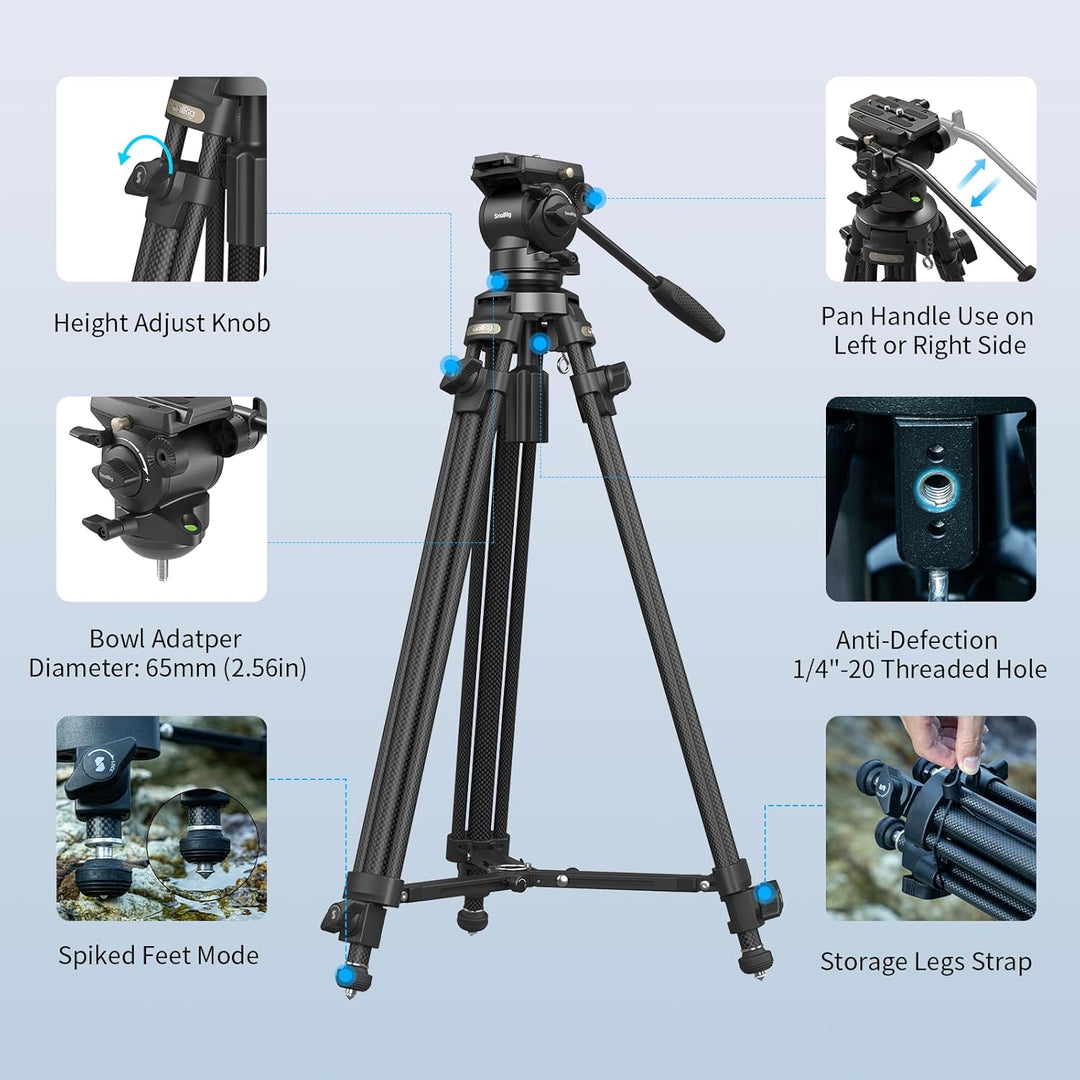 SMALLRIG 64'' Videostativ mit dämpfendem Flüssigkeit Kopf, Kohlefaser Kamera Stativ mit abnehmbarem