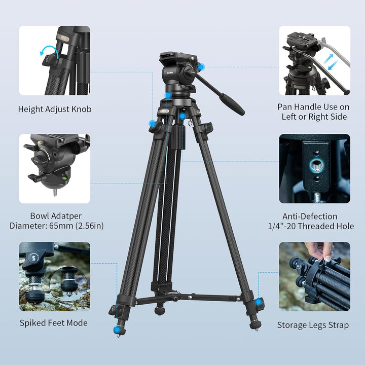 SMALLRIG 64'' Videostativ mit dämpfendem Flüssigkeit Kopf, Kohlefaser Kamera Stativ mit abnehmbarem