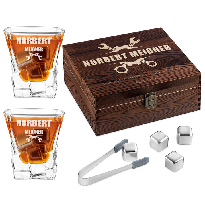 Maverton Whisky Steine Set - in Holzbox mit Gravur - 8 Eiswürfel + 2 Whisky Gläser - wiederverwendba