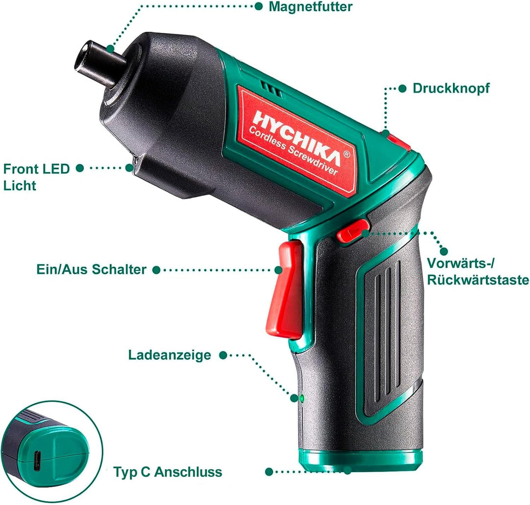 HYCHIKA Akkuschrauber, Cordless Screwdriver 6N·m Drehmoment und 2000mAh Akku 3,6V mit 20 Zubehörteil