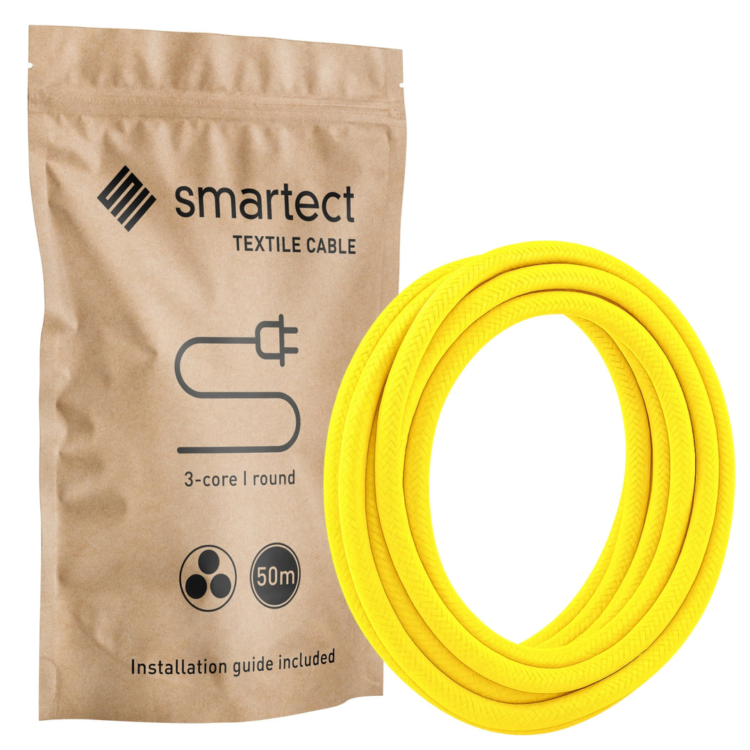smartect Textilkabel 3-Adrig (3 x 0.75 mm²) Gelb, 50 Meter | Vintage Lampenkabel Stoff, Stromkabel t
