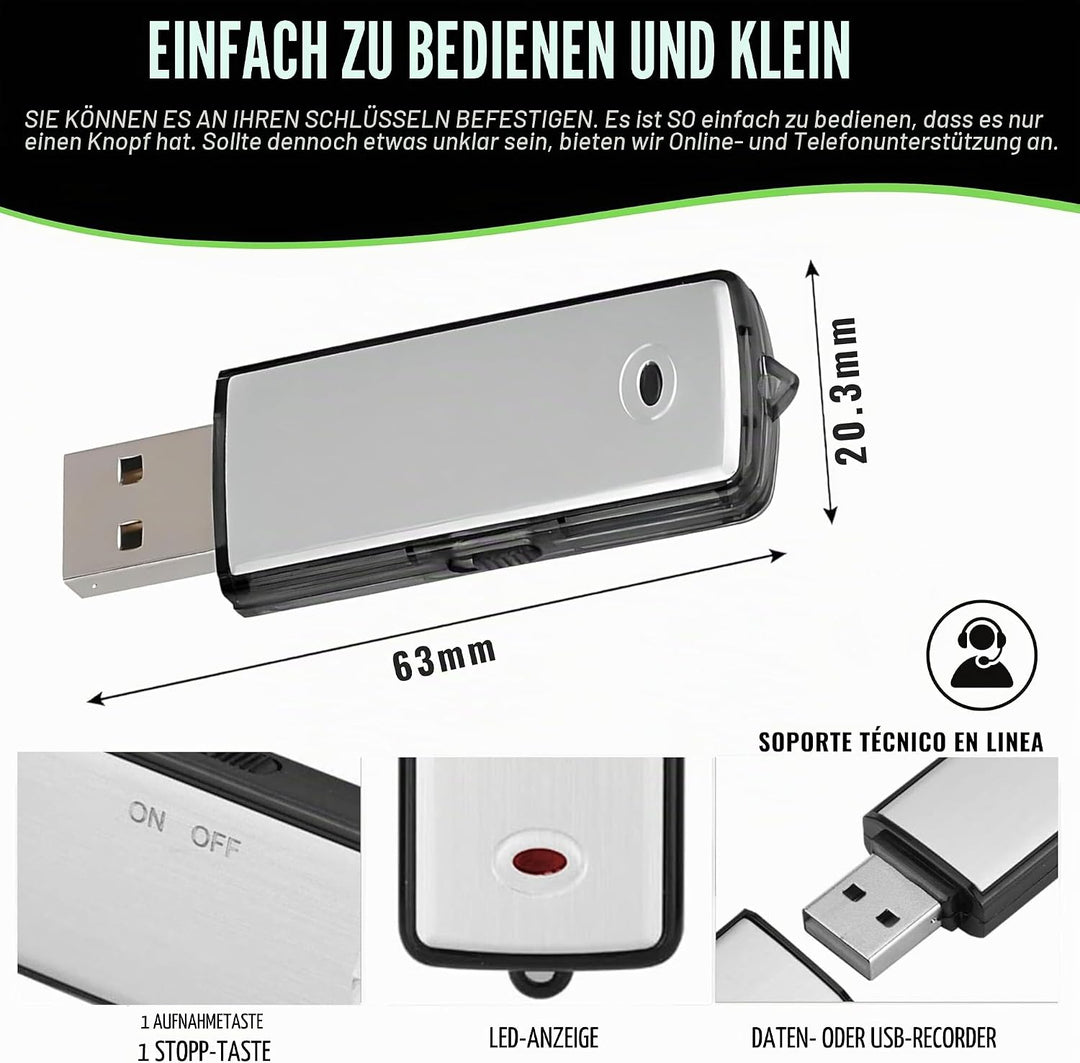 Digitales Diktiergerät, USB, Mini-Sprachaufnahme, Spion, 8 GB, für Meetings, Interviews, Konferenzen