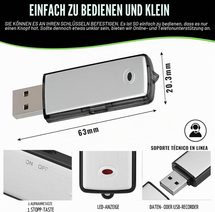 Digitales Diktiergerät, USB, Mini-Sprachaufnahme, Spion, 8 GB, für Meetings, Interviews, Konferenzen