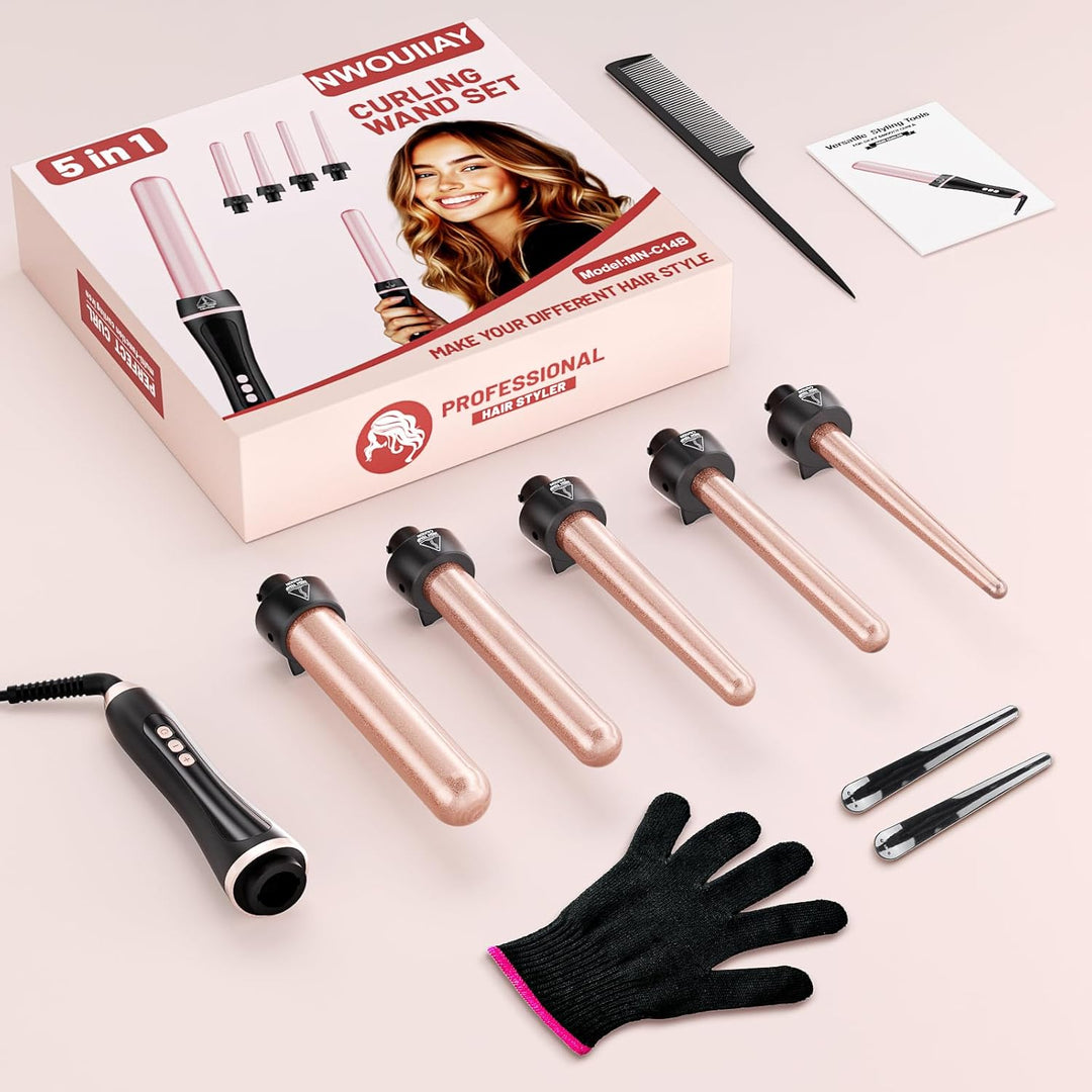 5-in-1 Lockenstab mit LCD & Keramikbeschichtung, Austauschbare Aufsätze für Grosse und Kleine Locken