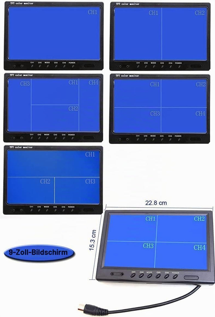 CAMECHO Fahrzeug Backup Kamera – 22,9 cm 4 Geteilte Monitor Vorderseite View, Kamera 18 IR-Nachtsich