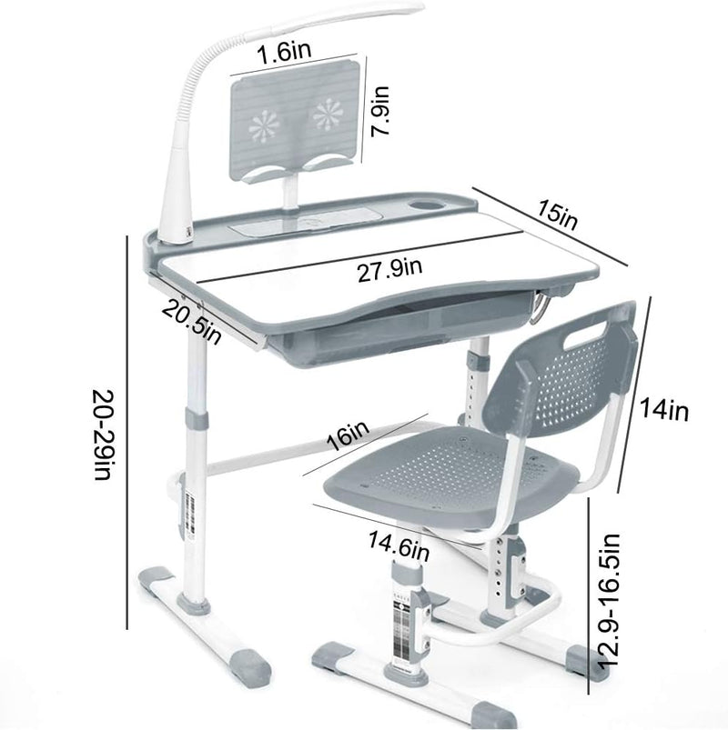 Yinleader Kids Schreibtisch und Stuhlset, Verstellbarer Kindertisch mit Augenschutzlampe, Bücherstän