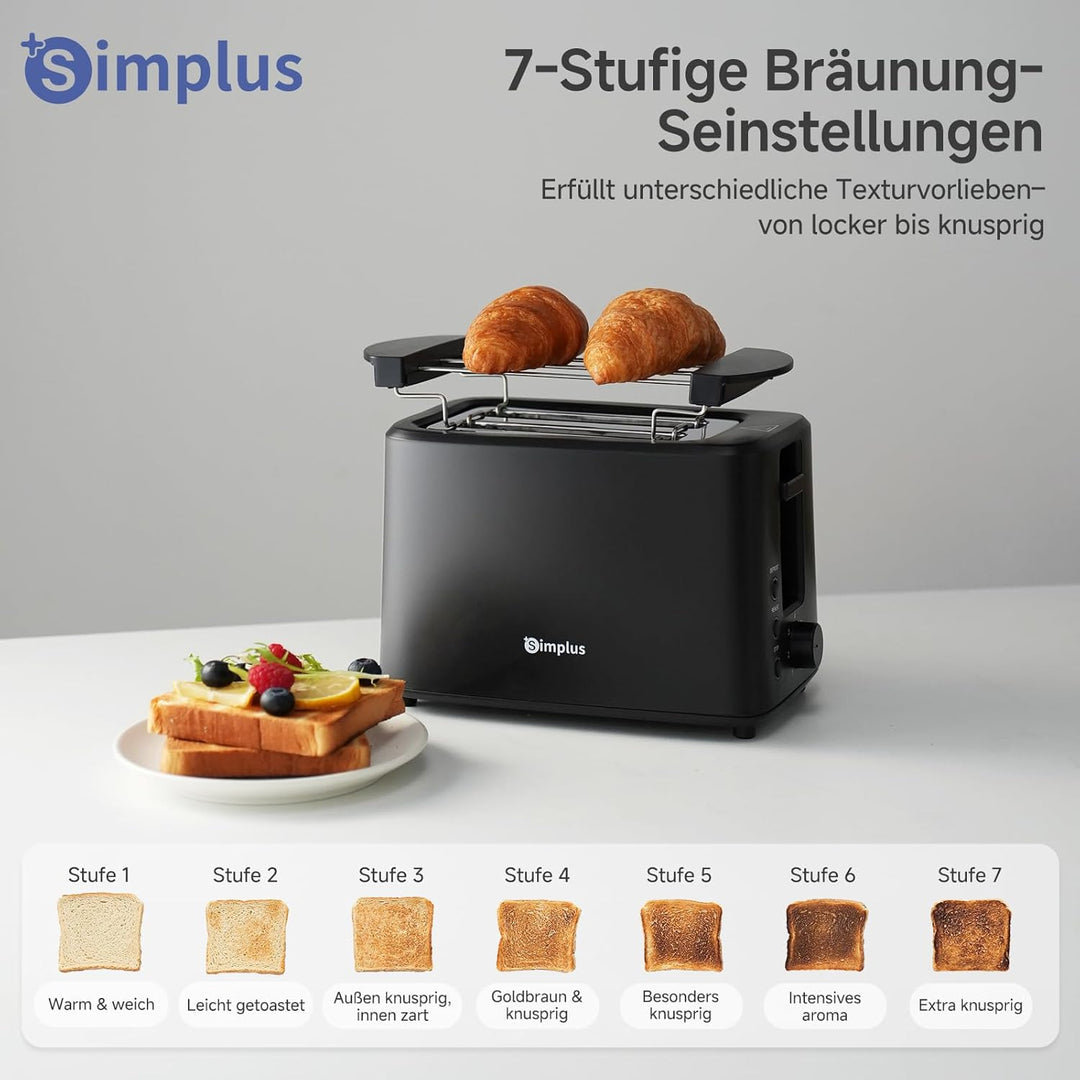SIMPLUS Toaster 2 Toastschlitze, 7 Bräunungsstufen, Auftau- & Aufwärmfunktion, Brötchenaufsatz, extr