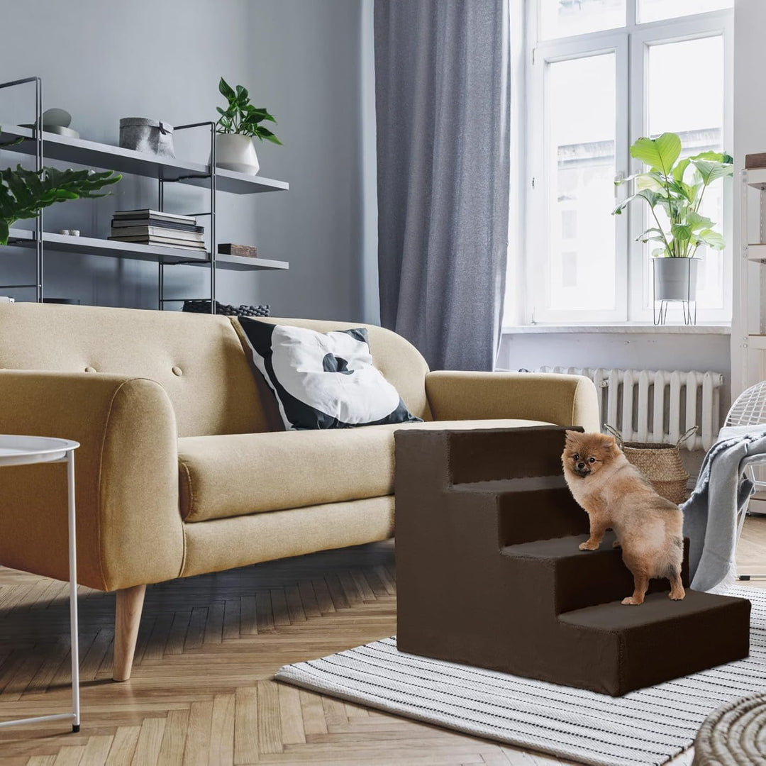 Mg Design Hundetreppe 4 Stufen in Dunkelbraun – Stabiler Holzrahmen, gelenkschonend, leicht &amp; mobil,