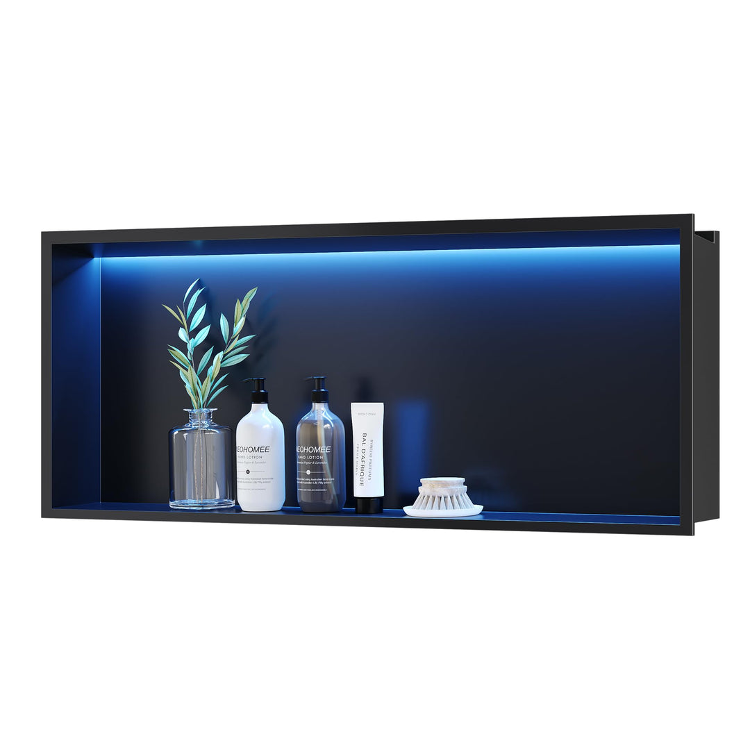 Wandnische Dusche Edelstahl mit RGB LED-Licht, Eingebettete Duschnische Schwarz Einzelregal Lagerung
