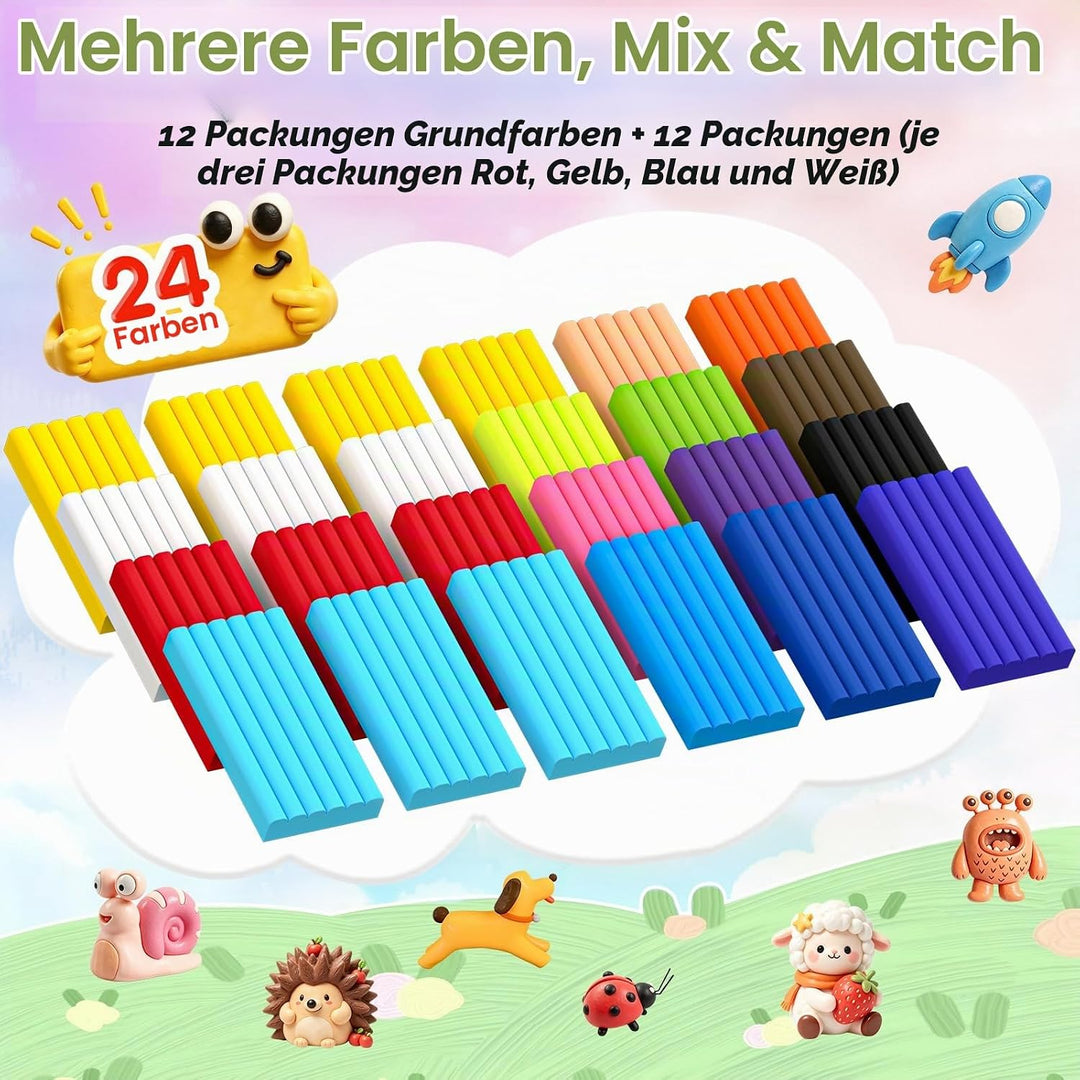 Polymer Clay Set, 24 Farben Modelliermasse Knete Kinder ab 3 Jahren