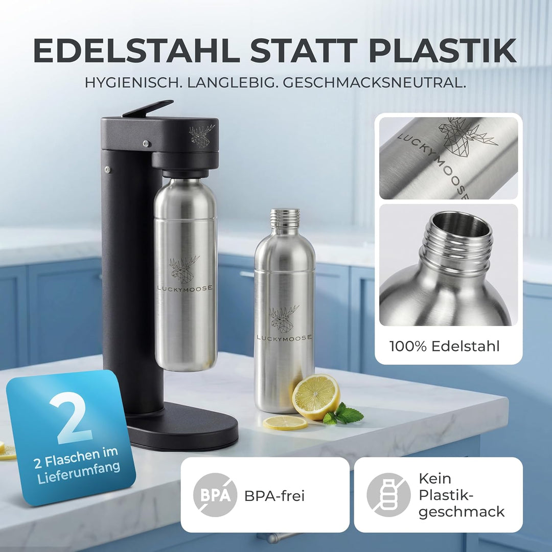 Infinity-S Wassersprudler aus hochwertigem Edelstahl (Black/Silver) – inkl. 2x 1,25L Edelstahlflasch