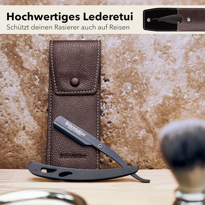 Störtebekker® Rasiermesser im handgefertigten Lederetui inkl. Alaunstift - Straight Razor mit Rasurg